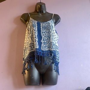 White and blue paisley sheer tank top